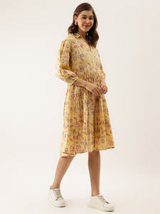 Divena Yellow Floral Printed Cotton Dress for Women