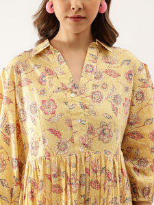 Divena Yellow Floral Printed Cotton Dress for Women