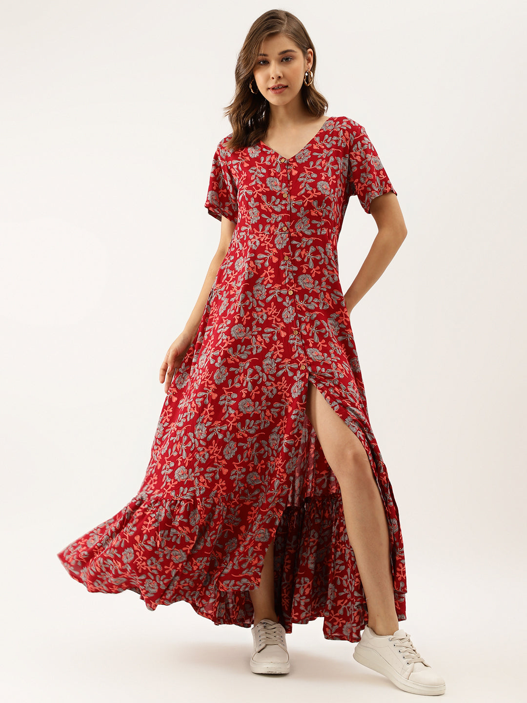 Maroon Floral Printed Rayon Ethnic Dress for Women — view 1