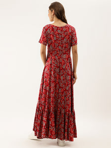 Divena Maroon Floral Printed Rayon Ethnic Dress for Women