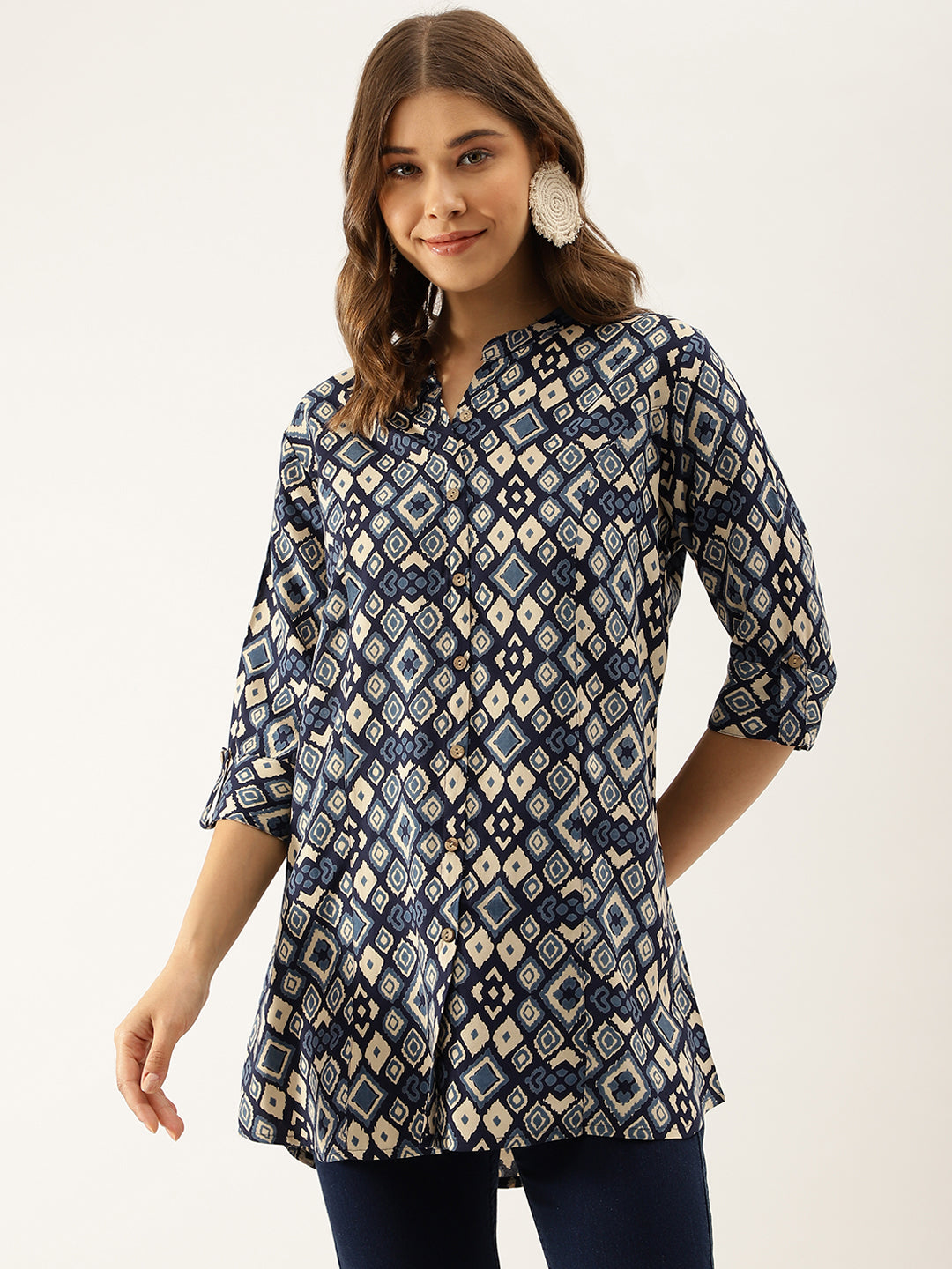 Navy Blue Printed Rayon Regular Fit Top — view 1