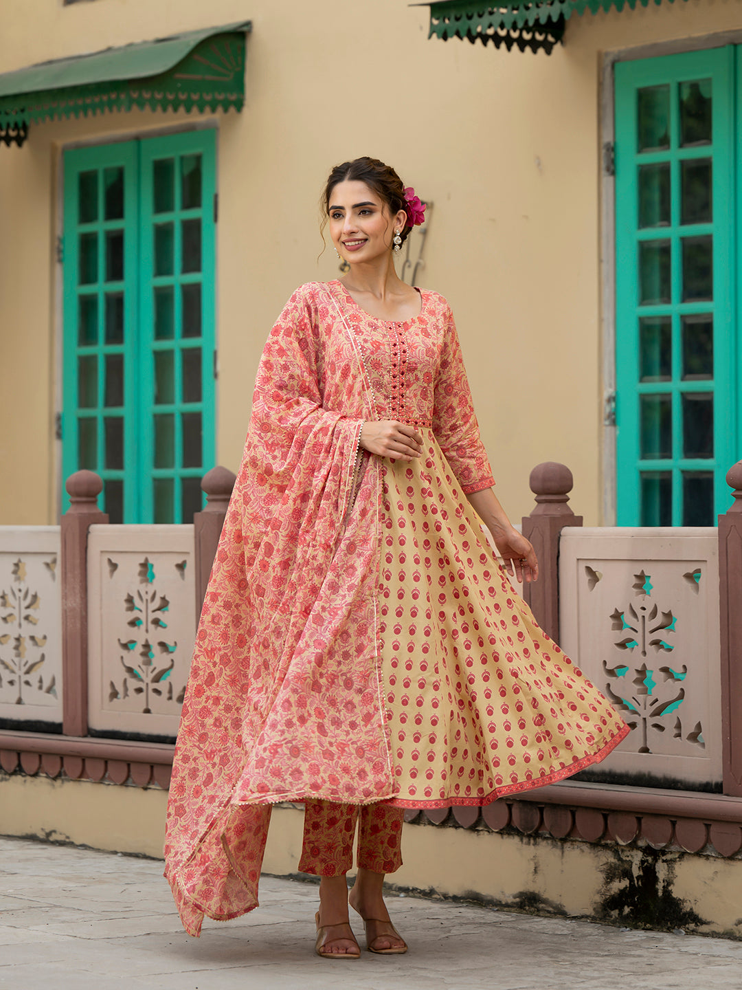 Peach Floral Print Pure Cotton Anarkali Kurta & Trouser with Dupatta — view 1