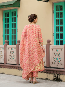 Divena Peach Floral Print Pure Cotton Anarkali Kurta & Trouser with Dupatta