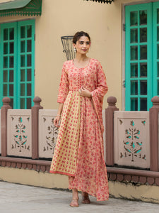 Divena Peach Floral Print Pure Cotton Anarkali Kurta & Trouser with Dupatta