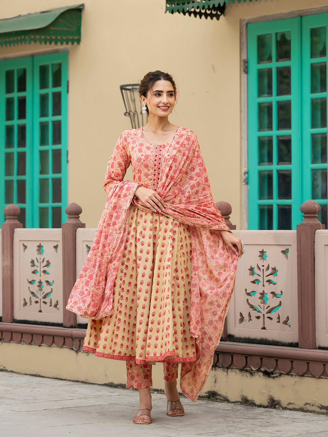 Divena Peach Floral Print Pure Cotton Anarkali Kurta & Trouser with Dupatta