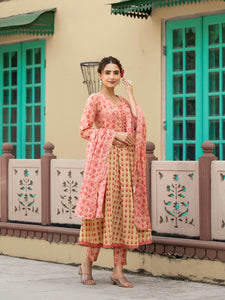 Divena Peach Floral Print Pure Cotton Anarkali Kurta & Trouser with Dupatta