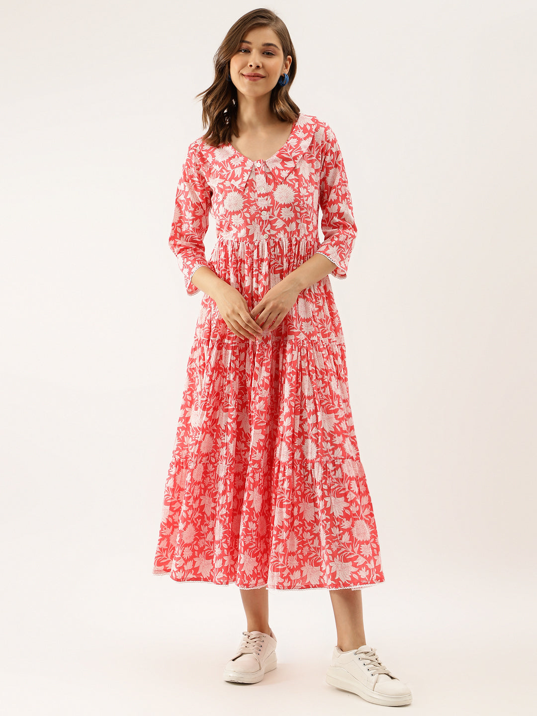 Pink Floral Printed Cotton Ethnic Dress for Women — view 1