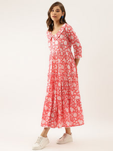 Divena Pink Floral Printed Cotton Ethnic Dress for Women