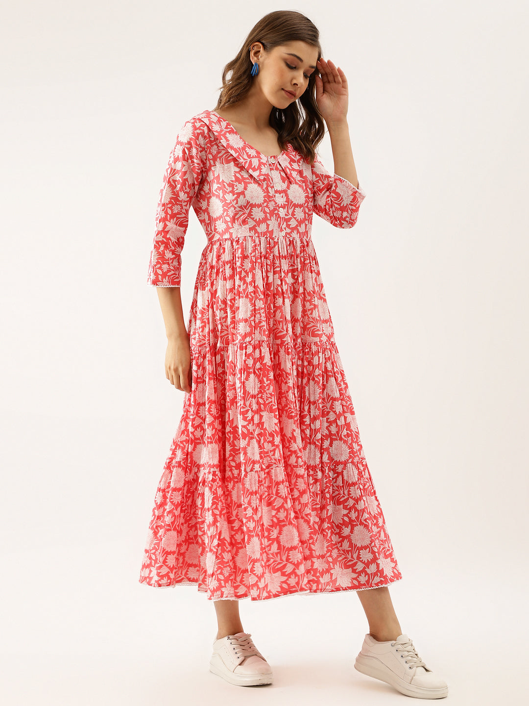 Divena Pink Floral Printed Cotton Ethnic Dress for Women