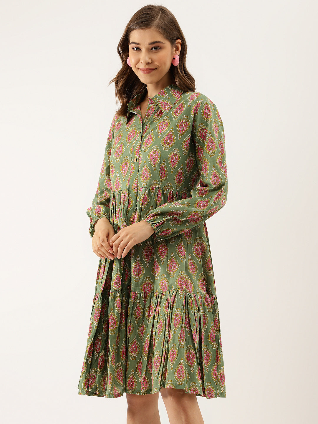 Green Paisley Printed Cotton Dress for Women