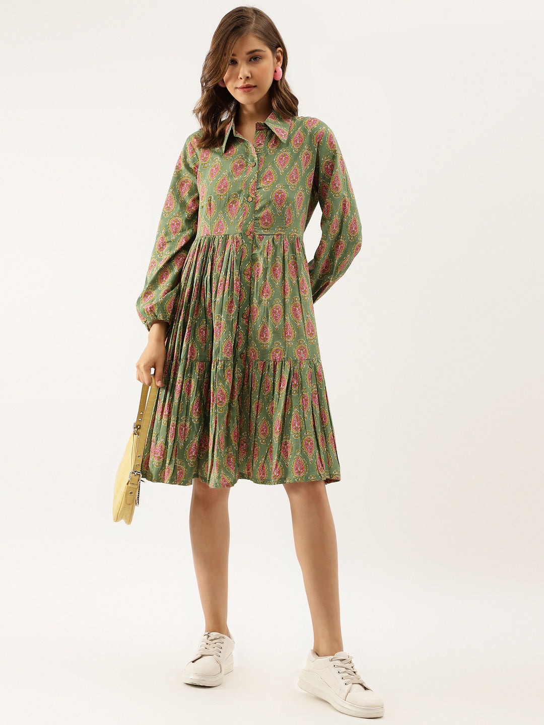Green Paisley Printed Cotton Dress for Women — view 1
