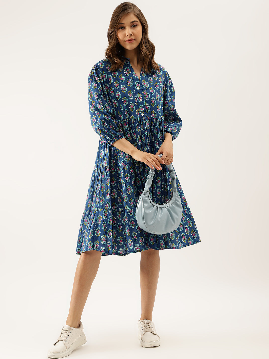 Blue Paisley Printed Cotton Dress for Women — view 1