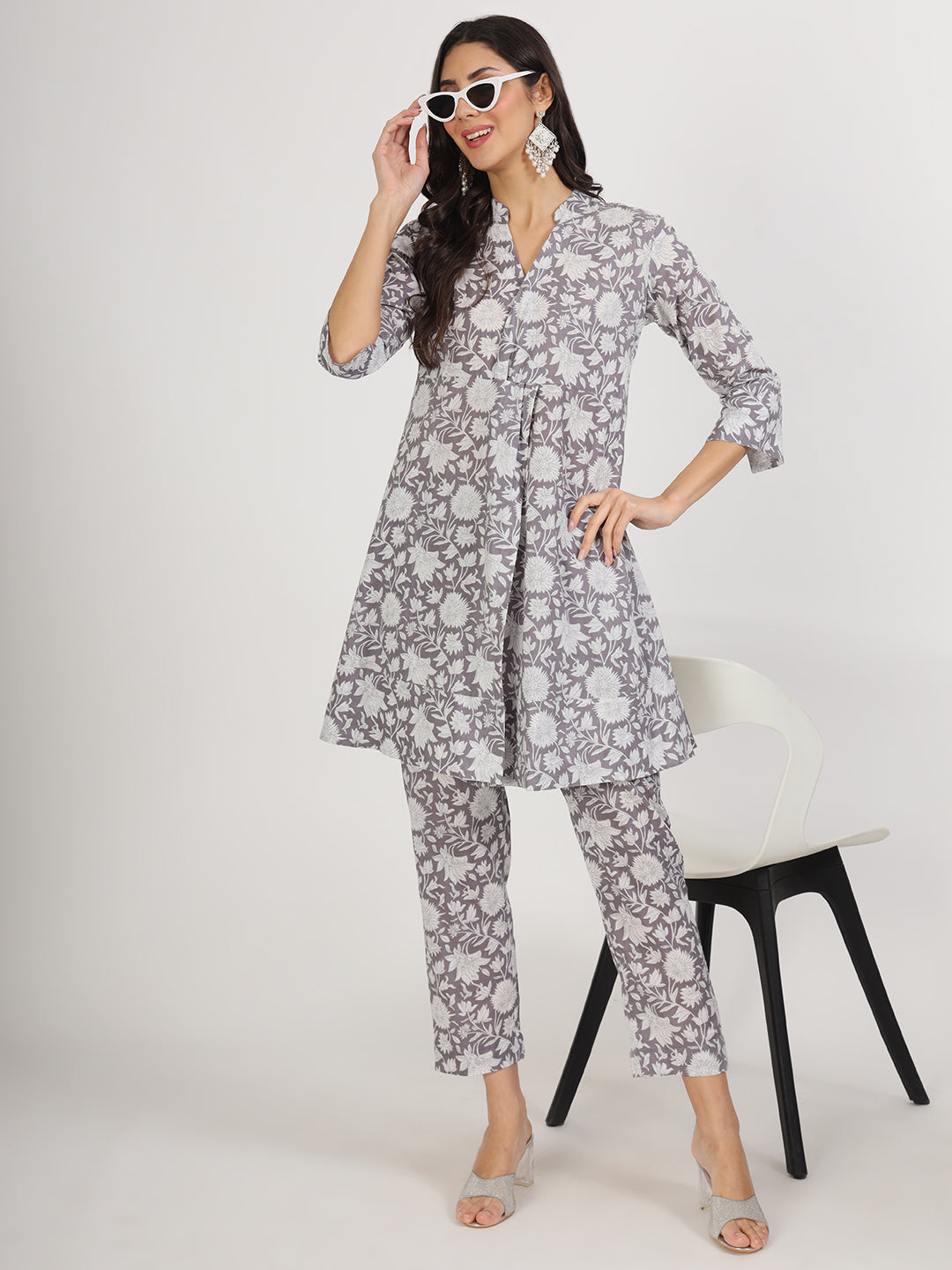 Grey Floral Printed Cotton Co ord Set — view 1