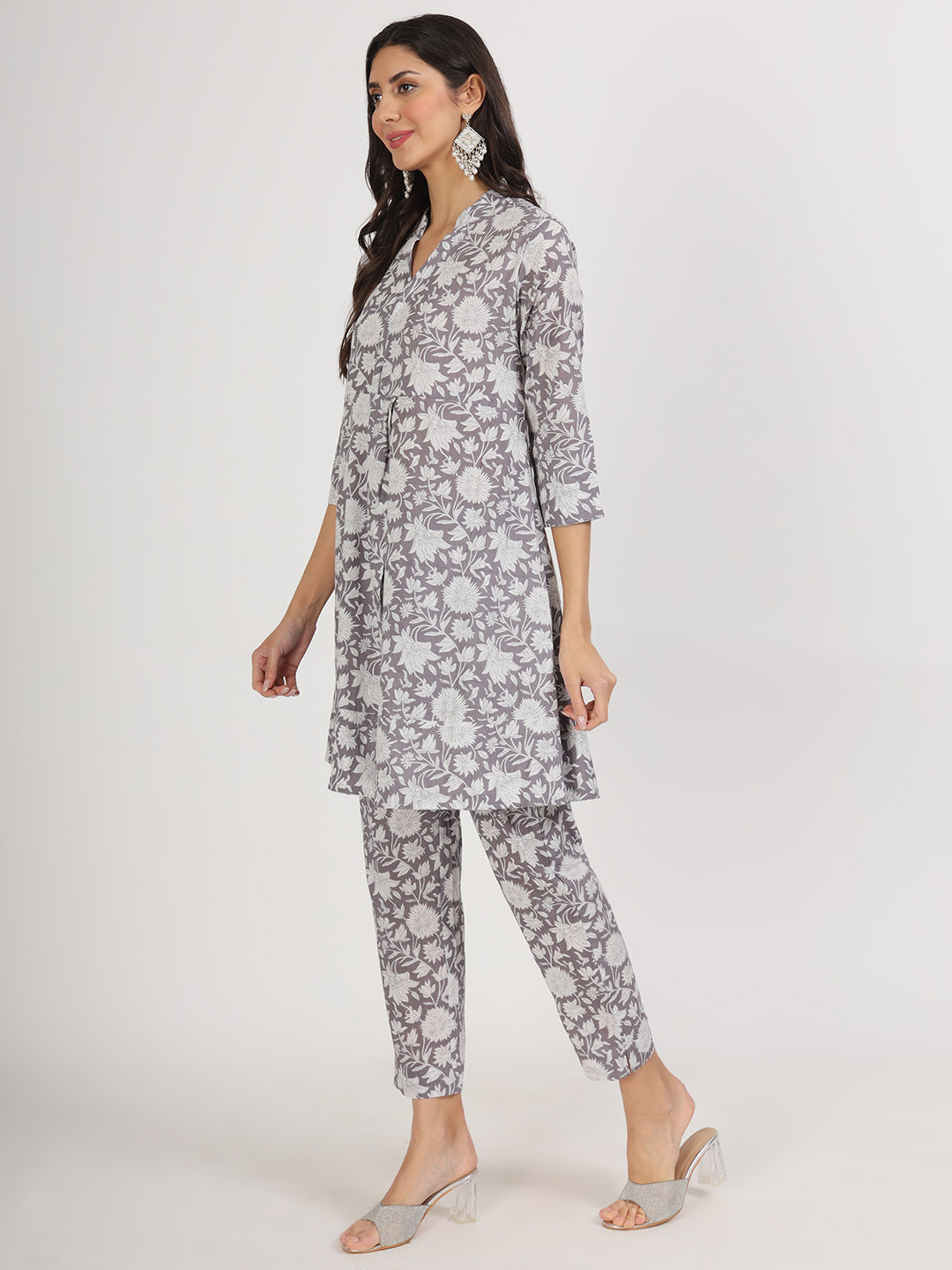 Divena Grey Floral Printed Cotton Co ord Set