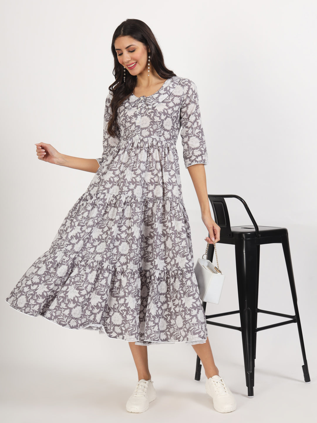 Divena Grey Floral Printed Cotton Dress
