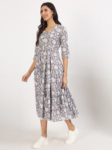 Divena Grey Floral Printed Cotton Dress