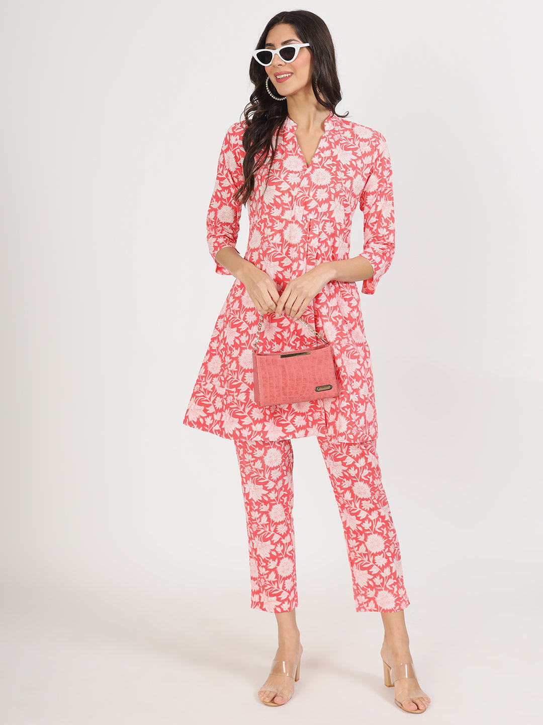 Pink Floral Printed Cotton Kurta with Herem Pant Co ord Set — view 1