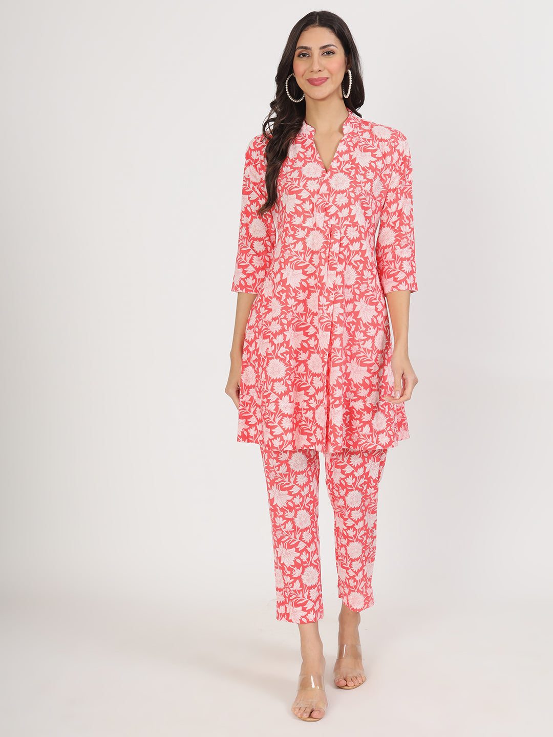 Divena Pink Floral Printed Cotton Kurta with Herem Pant Co ord Set