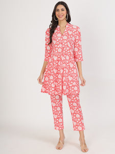 Divena Pink Floral Printed Cotton Kurta with Herem Pant Co ord Set