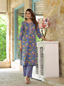 Divena blue Floral Print Cotton Straight fit Kurta Set