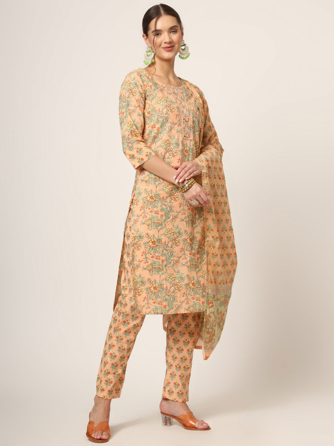 Divena Peach Floral Print Cotton Straight fit Kurta Set