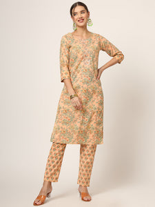 Divena Peach Floral Print Cotton Straight fit Kurta Set