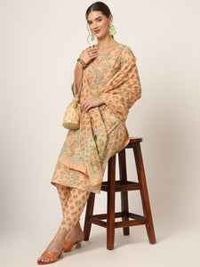 Divena Peach Floral Print Cotton Straight fit Kurta Set