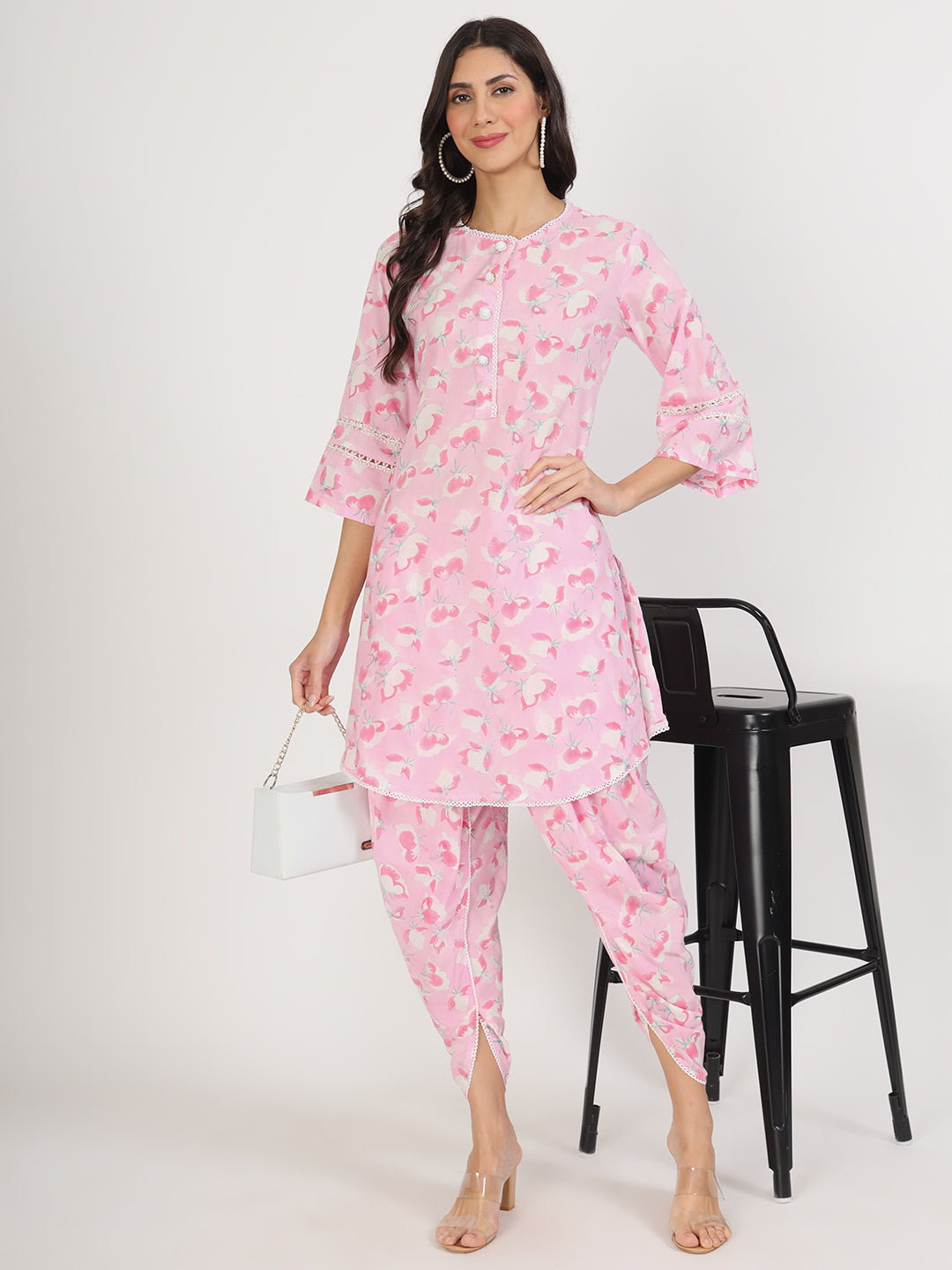 Pink Floral Printed Cotton Kurta with Dhoti Co-Ord Set — view 1