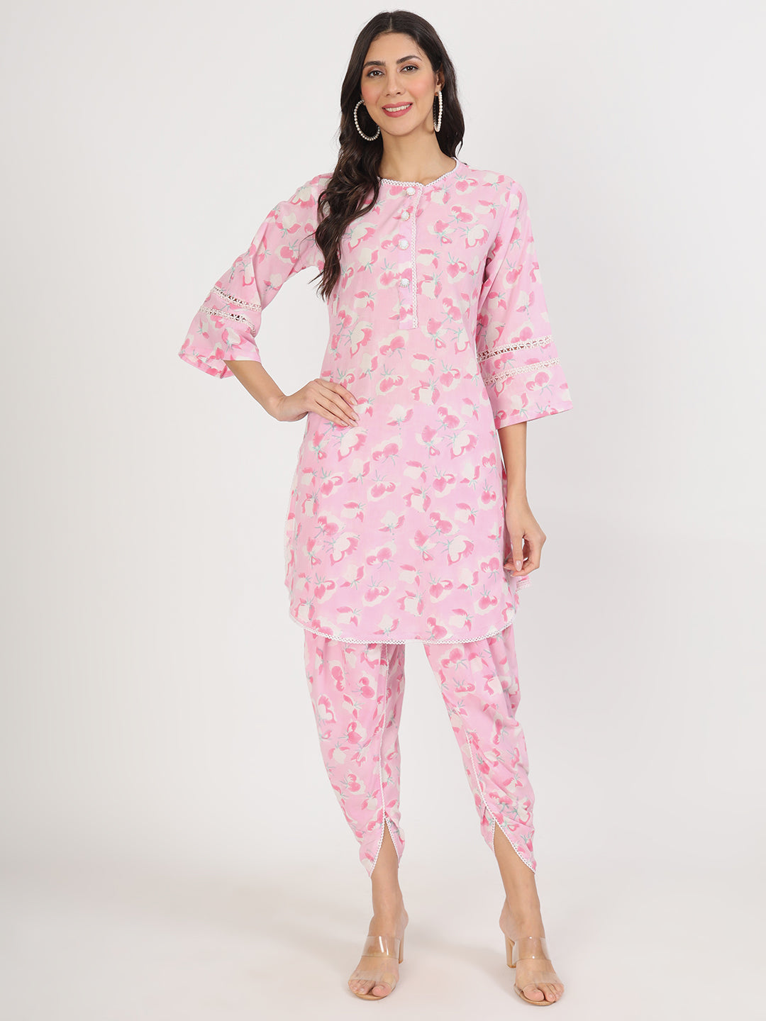 Divena Pink Floral Printed Cotton Kurta with Dhoti Co-Ord Set