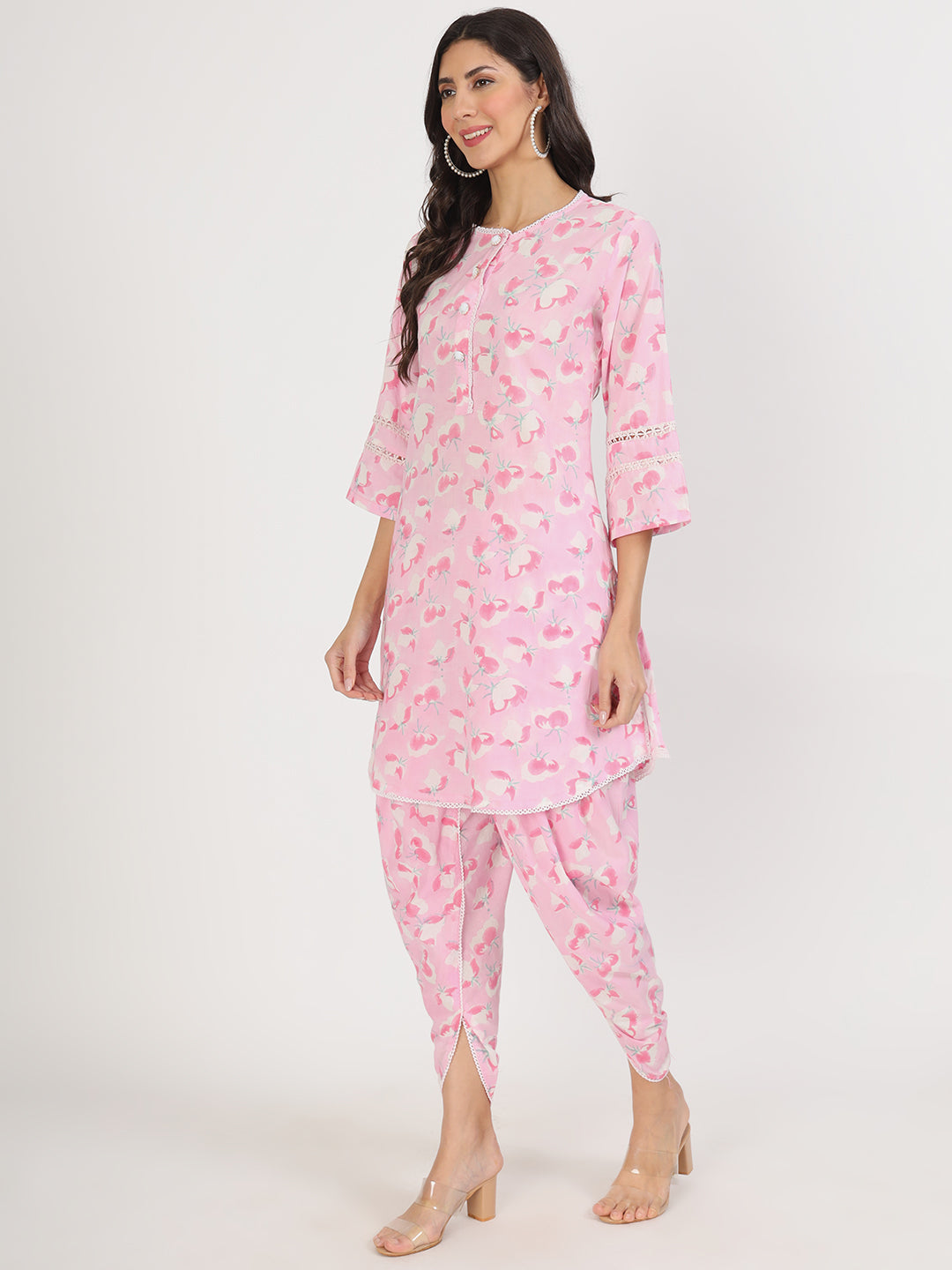 Divena Pink Floral Printed Cotton Kurta with Dhoti Co-Ord Set