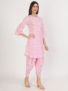 Divena Pink Floral Printed Cotton Kurta with Dhoti Co-Ord Set