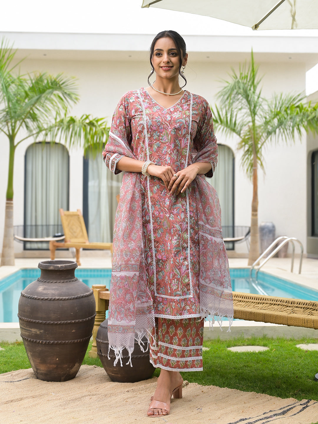 Maroon Floral Print Cotton Handblock Kurta Set for Women — view 1