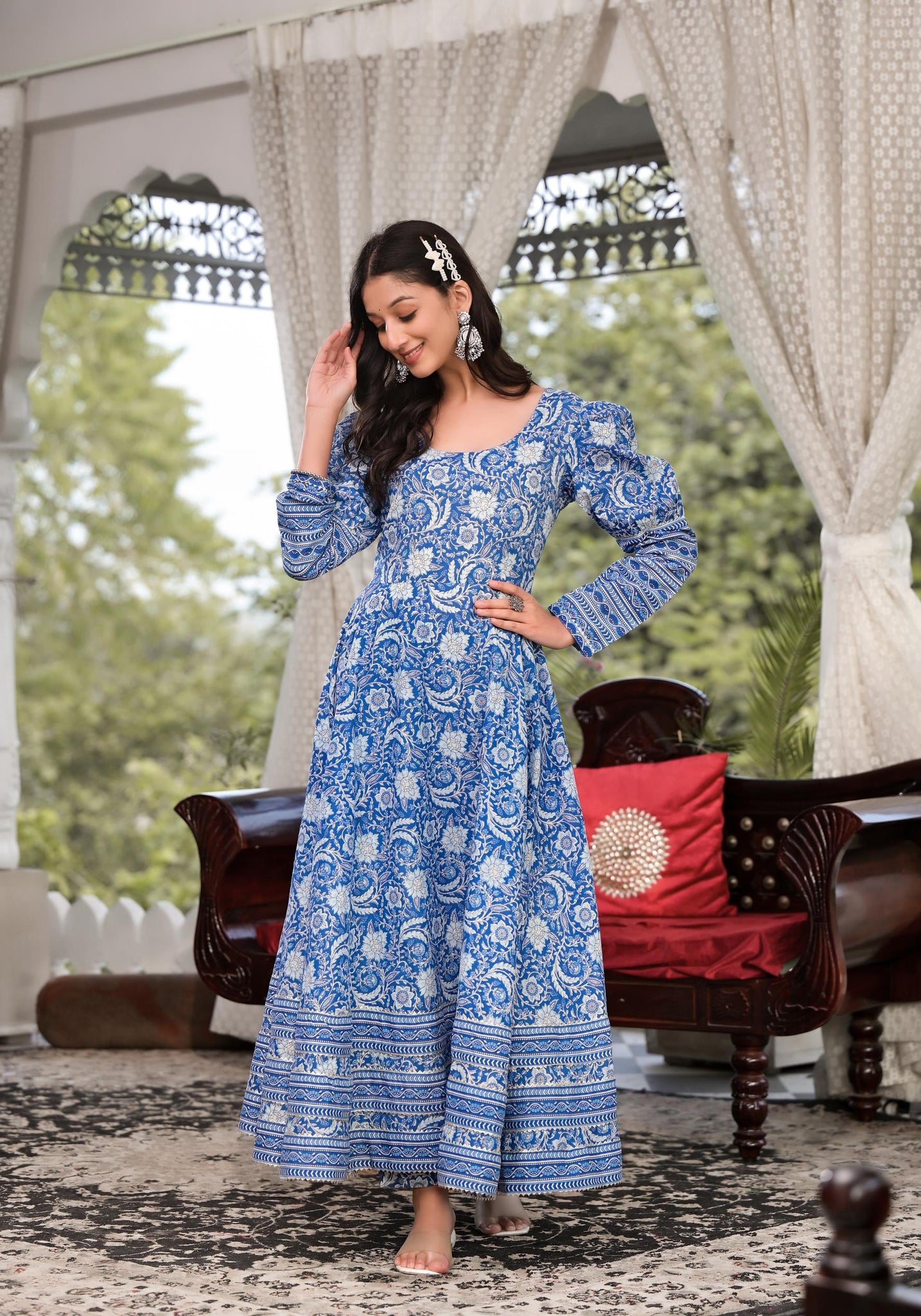 Divena Blue Gota Patti Cotton Anarkali Kurta