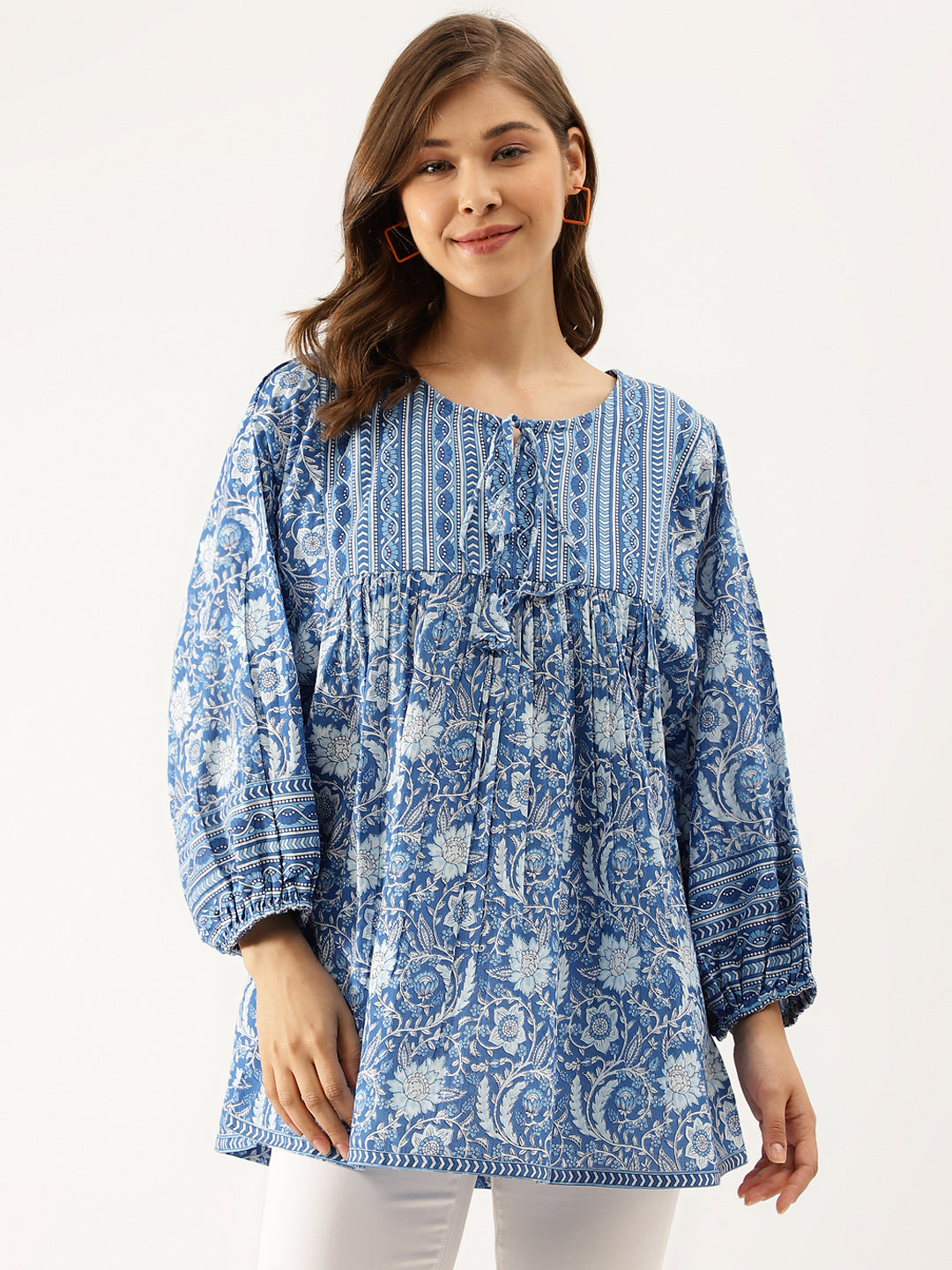 Blue Printed Cotton Peplum top — view 1