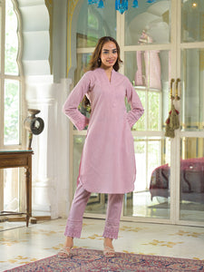 Divena Pink Solid Cotton Straight Fit Lace Border Kurta with Trouser