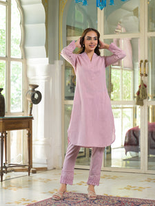 Divena Pink Solid Cotton Straight Fit Lace Border Kurta with Trouser