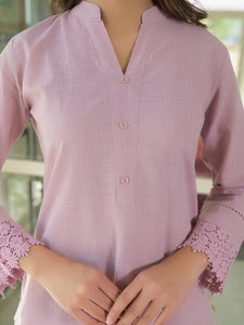 Divena Pink Solid Cotton Straight Fit Lace Border Kurta with Trouser