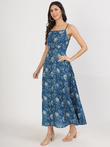 Divena Indigo Blue Cotton Long Dress for Women