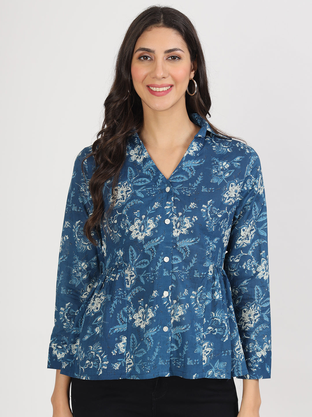 Indigo Blue Cotton Shirt Style Top — view 1
