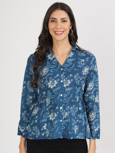 Divena Indigo Blue Cotton Shirt Style Top