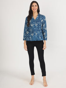 Divena Indigo Blue Cotton Shirt Style Top