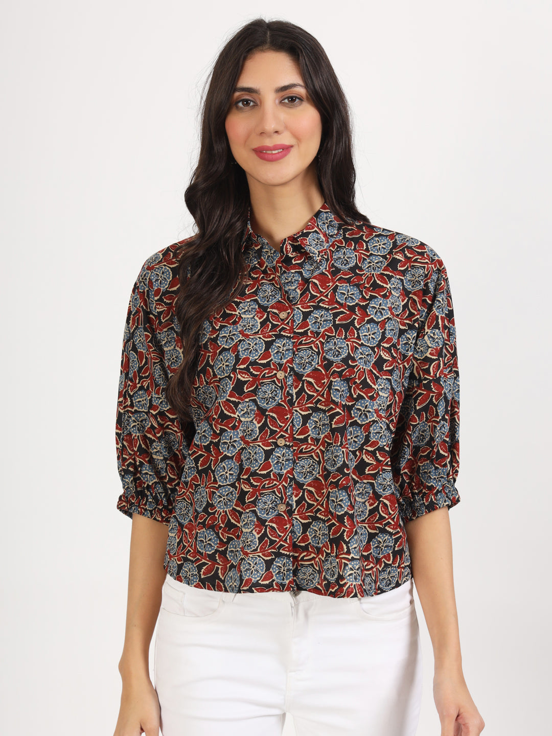 Black Floral Printed Cotton Tops — view 1