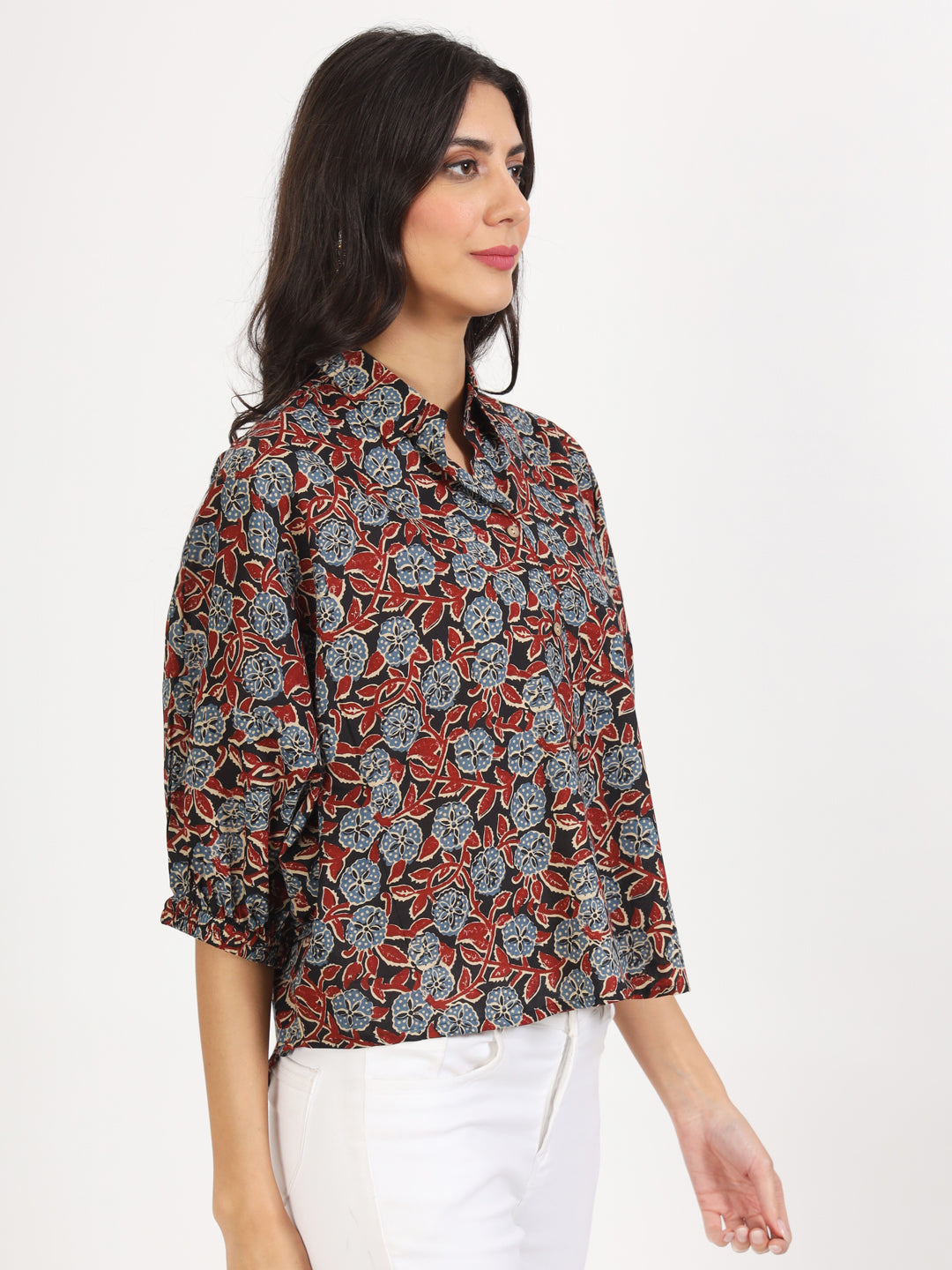 Divena Black Floral Printed Cotton Tops