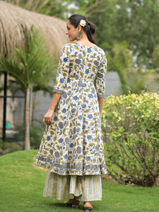 Divena offWhite Floral Print Cotton Kurta Sharara set for women