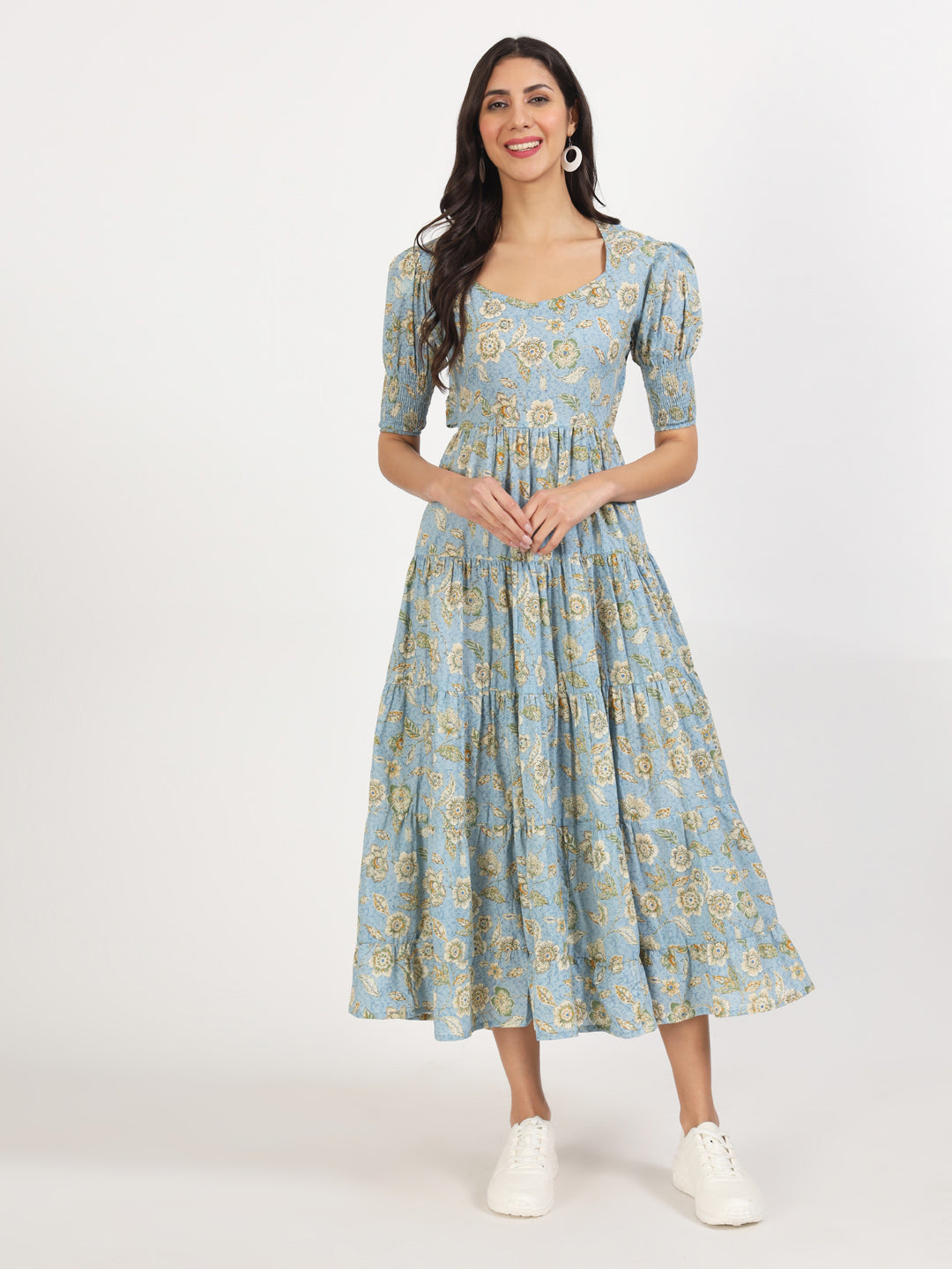 Divena Sky Blue Floral Printed Calf length Dress