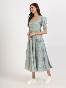 Divena Sky Blue Floral Printed Calf length Dress