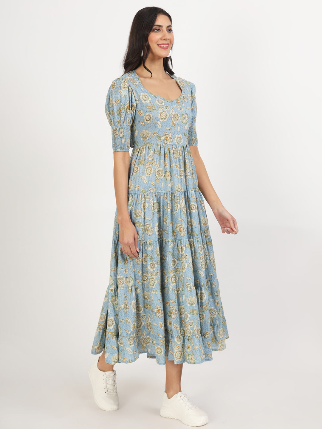 Divena Sky Blue Floral Printed Calf length Dress