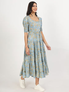 Divena Sky Blue Floral Printed Calf length Dress