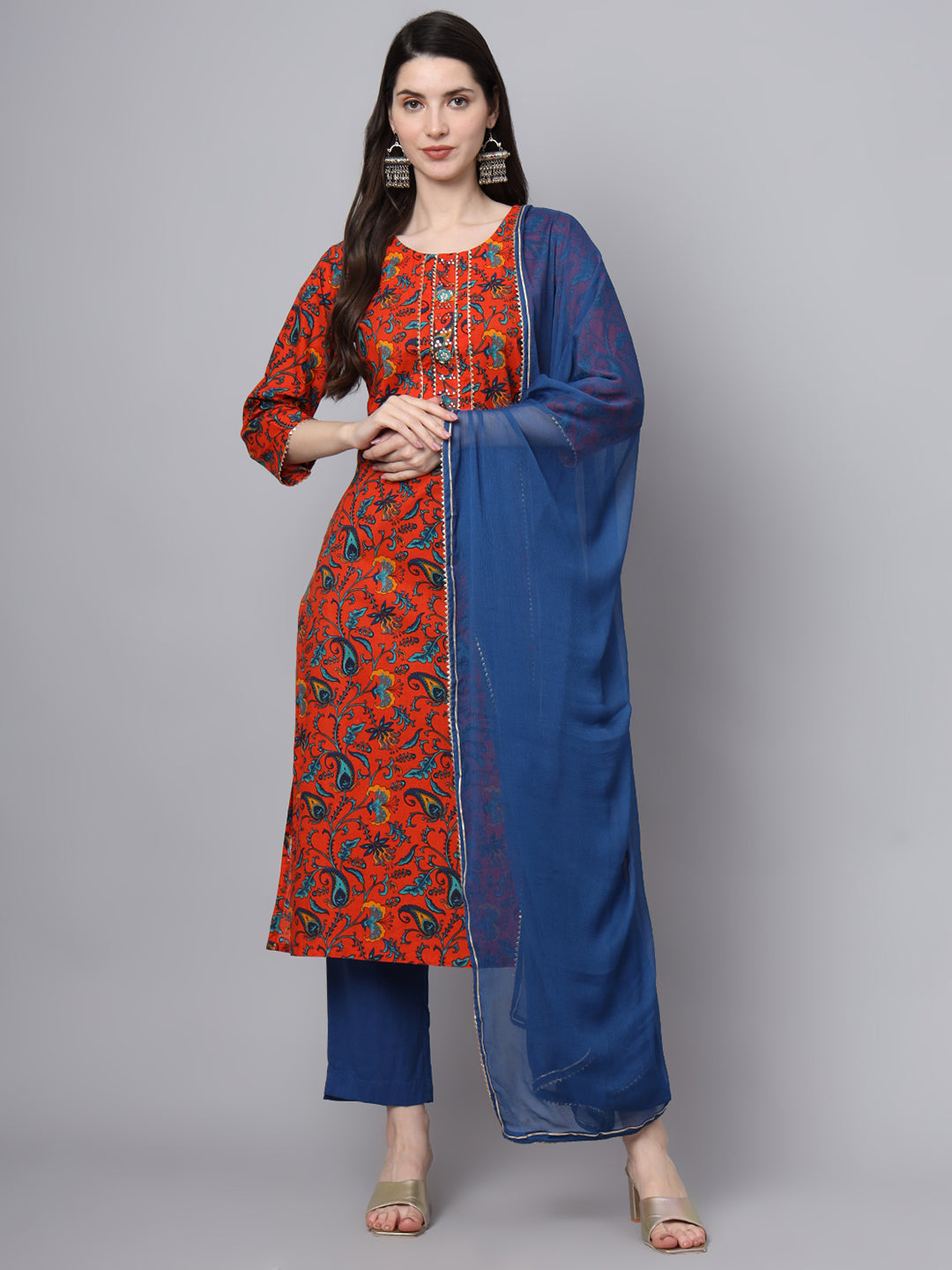 Floral Printed Gotta Patti Pure Cotton Kurta With Trousers & Dupatta — view 1