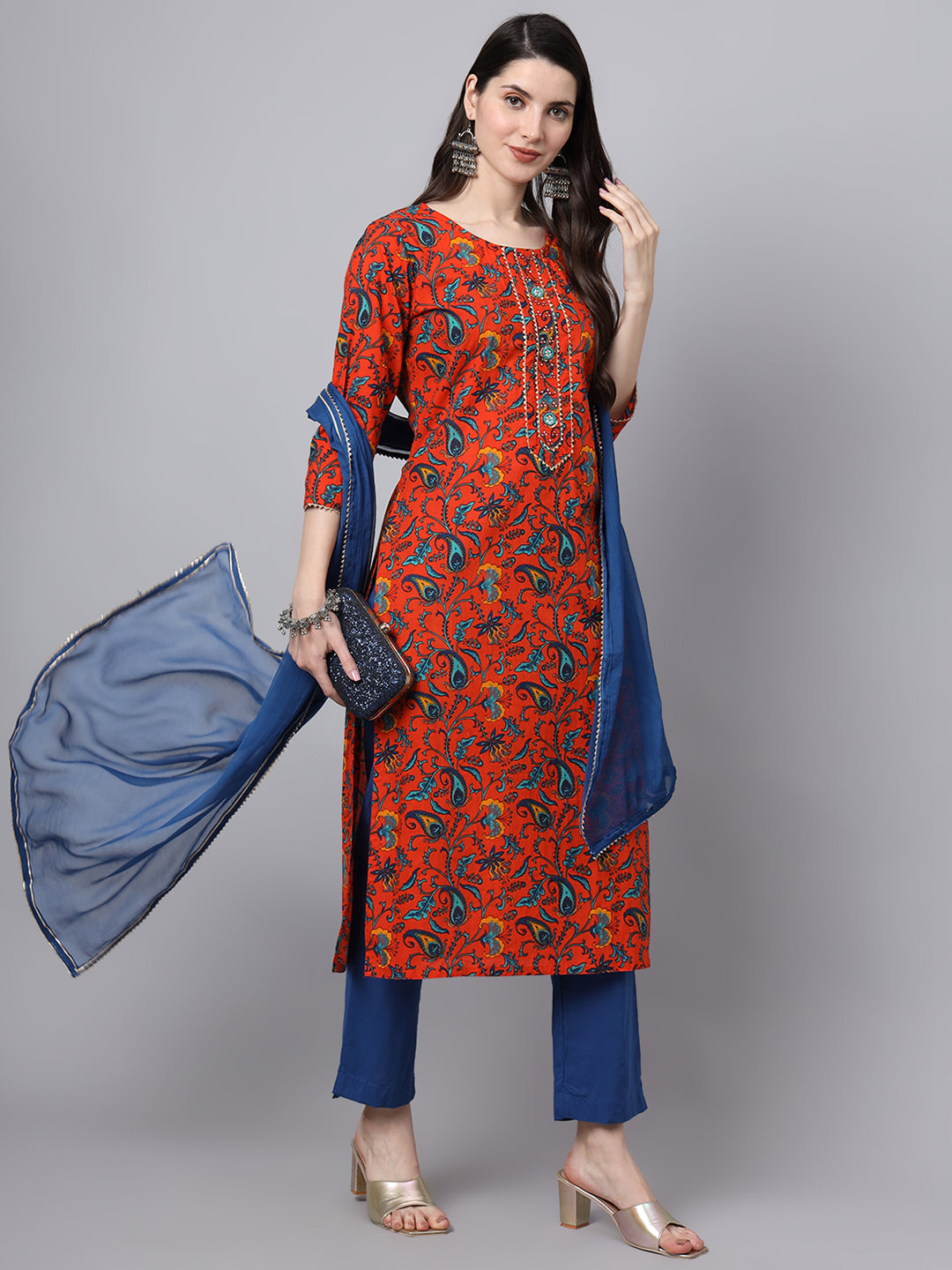 Divena Floral Printed Gotta Patti Pure Cotton Kurta With Trousers & Dupatta